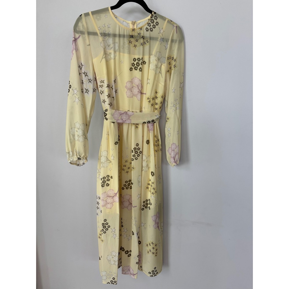 Burryco Pale‎ Yellow Floral Star Print Midi Dress Long Sleeve Size 6